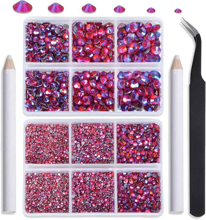 NCB Hotfix Iron on 8000pcs Crystal Rhinestones Round Gem for Crafts Decoration DIY Jewelry Making with a Tweezers and 2 Picking pens (Siam AB, 6Sizes SS4-SS30)
