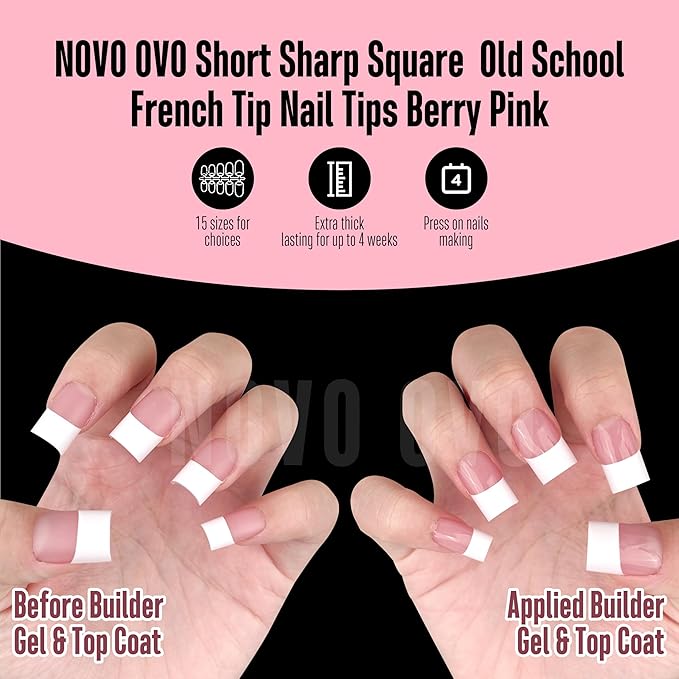 NOVO OVO Old School Wide White French Short Sharp Square Tip Nail Tips Press on BERRY PINK, Need Builder Gel Top Coat Nail Glue, Soft Gel Full Cover Fake Nail Extension, for DIY x 15 Sizes 240 pcs