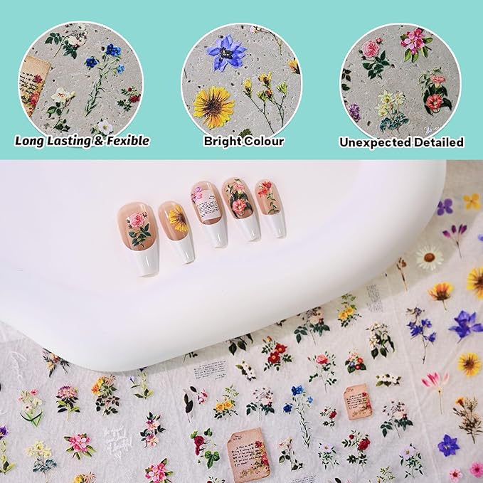 Large Flowers Pattern Nail Art Stickers, Floral Nail Decals, Self-Adhesive,Summer Spring Nail Accessories for Women, Nail Decorations 3 Sheets
