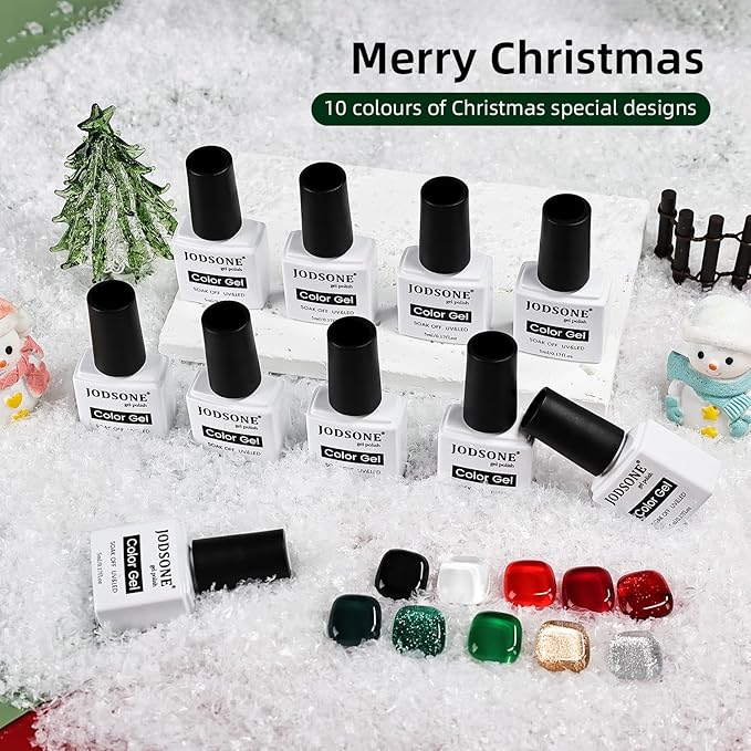 JODSONE Gel Nail Polish Set,10 Colors Winter Black White Glitter Burgundy Red & Green Silver Gel Polish DIY Salon for Girls Home DIY Gift