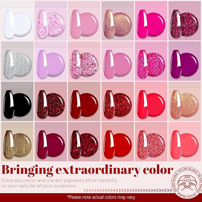 ABAC 24 Color Solid Gel Nail Polish,Ombre Gel Nail Polish,Pat Paint Nail Gel - Rose Gold Glitter & Wine Red Shades w/Pro Brush | No-Spill,Hema-Free for Date Nights,Holiday Gifts & Home Manicure