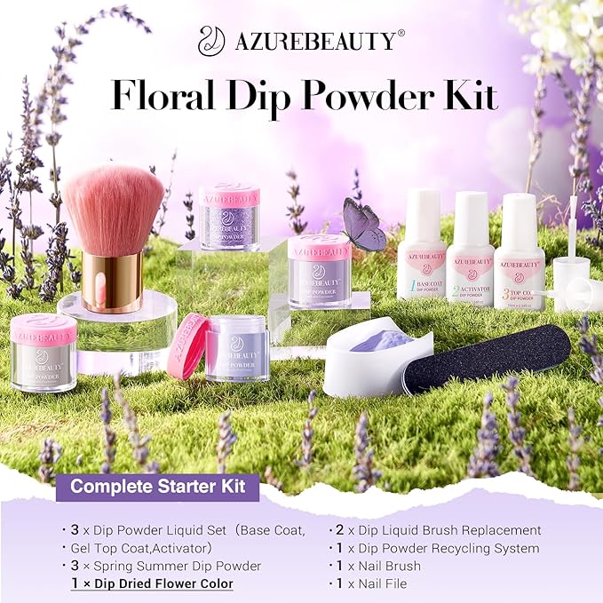 AZUREBEAUTY Purple Twilight Bloom Dip Powder Nail Kit Starter with Base, Top Coat, Activator, Spring Summer Dried Flowers for French Nails Art Manicure DIY Salon