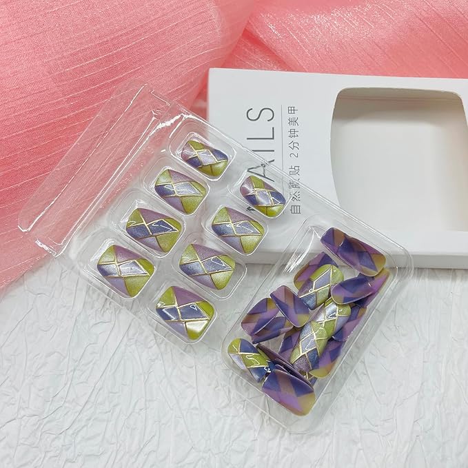 Square Press on Nails Short Fake Nails with Designs Gold Lines Stick on Nail Purple Acrylic False Nail Artificial Nail Press ons Glossy Full Cover Glue on Nails for Women 24Pcs