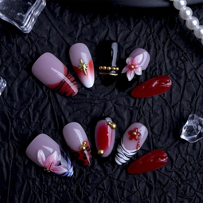 Almond Press on Nails Long Fake Nails Red Artificial Nail Black French Pink Floral and Gold Charm Designs Cute Stick on Nail for Women 24pcs