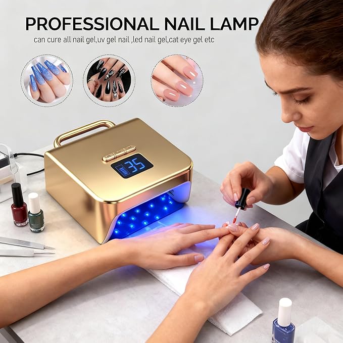 Cordless UV Nail Lamp 220W, Professional LED Nail Lamp with 48 Beads & Touch Display, Rechargeable UV Light for Gel Nails Built-in 3-Timer Modes & Auto Sensor, Fast Curing Nail Dryer (Gold)