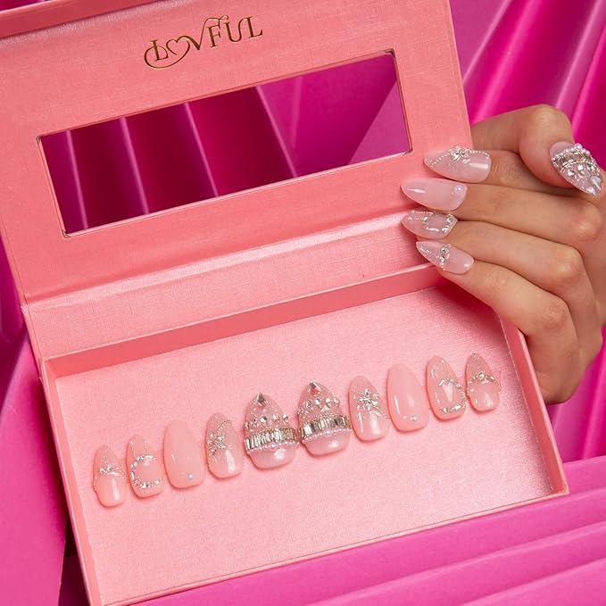 LOVFUL Press on Nails Chandelier | Handmade with Full Covered Crystals | Reusable Fake Nails | Almond Regular 1.0 in | H311-S