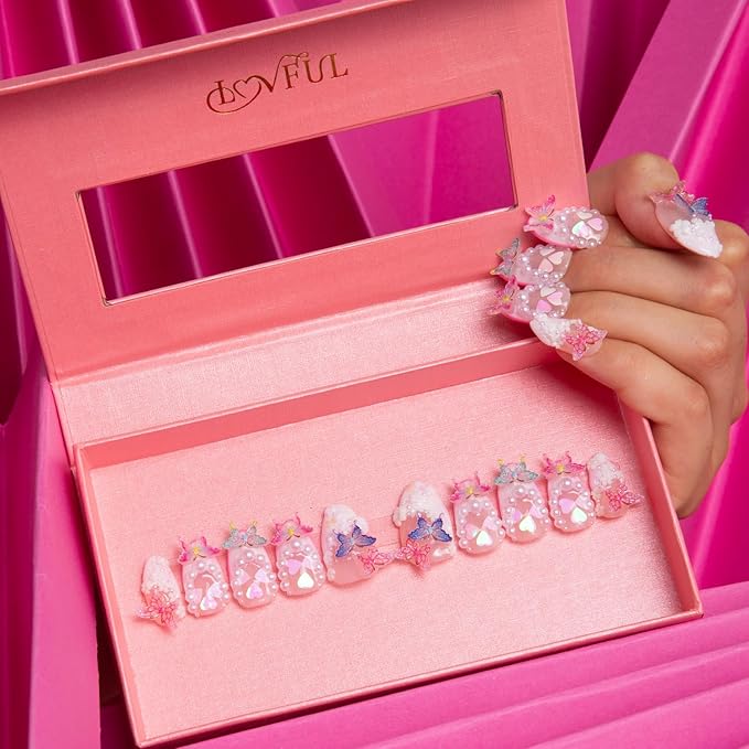 LOVFUL Press on Nails Tipsy Butterfly | Handmade with Full Covered Crystals | Reusable Fake Nails | Almond Regular 1.0 in | H184-S