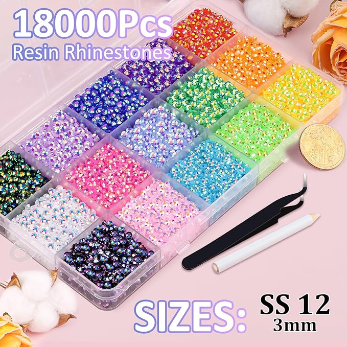 18000Pcs Resin Jelly Rhinestones with Tweezers for Crafting, Mixed-Color 3mm Flatback Gems, Bedazzling Crystal for DIY Crafts Clothing Tumblers Mugs Shoes Fabric Nail Art