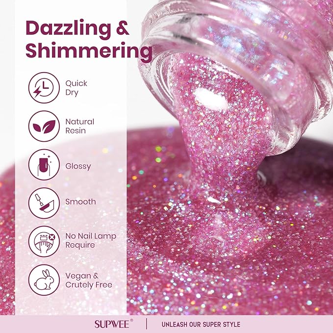 Quick Dry Glitter Nail Polish Holographic Finger Nail Polish Non Gel High Glossy Shiny Shimmer Nails Laquer Oil-based Holo Fingernail Air Dry Fast Manicure Gift For Women Girls 16ml, 0.54fl oz