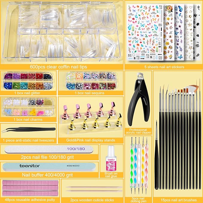 Teenitor Press On Nail Kit - Clear Coffin Nail Tips, Art Brushes, Dotting Pen, Glitter, Stickers & Rhinestones
