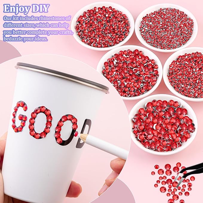 30000Pcs Red Rhinestones for Bedazzling with B7000 Jewelry Glue, Bedazzler Kit Bulk Flatback Gems, Resin Rhinestones for Crafting Crafts Clothing Shoes Fabric Nail Art Assorted Size 2/3/4/5/6mm