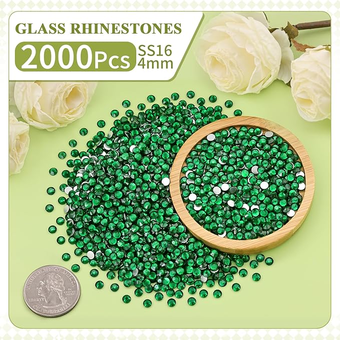 2000PCS SS16/4mm Crystal Rhinestones (Emerald Green) with 2Pcs 10ml B7000 Jewelry Glue, Bedazzling Flatback Glass Rhinestones for Crafting, Gems Diomand Charms for Tumbler Shoes Clothing Mugs Nail Art