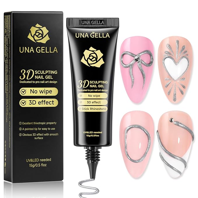 UNA GELLA Metallic Silver 3D Gel Nail Art 15g, No Wipe Sculpting Gel Polish for Nail Designs, Charms and Gems Decoration, Lamp Curing Required DIY Art Salon at Home