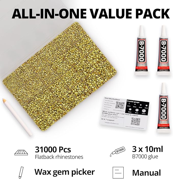31000Pcs Gold Resin Rhinestones for Bedazzling, Gold Bedazzle Gems Flatback, Bling Stones Flat Back Diamond Jewel Crystal Bedazzled for Clothes Crafts Crafting 2-6mm Assorted Size Bulk and b-7000 Glue