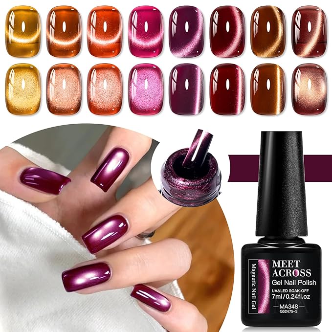 MEET ACROSS 9PCs Cat Eye Gel Nail Polish Set, Amber Brown Wine Burgundy Red Coral Caramel Jelly Cat Eye Gel Polish with Magnet, Fall Winter DIY Manicure Gifts