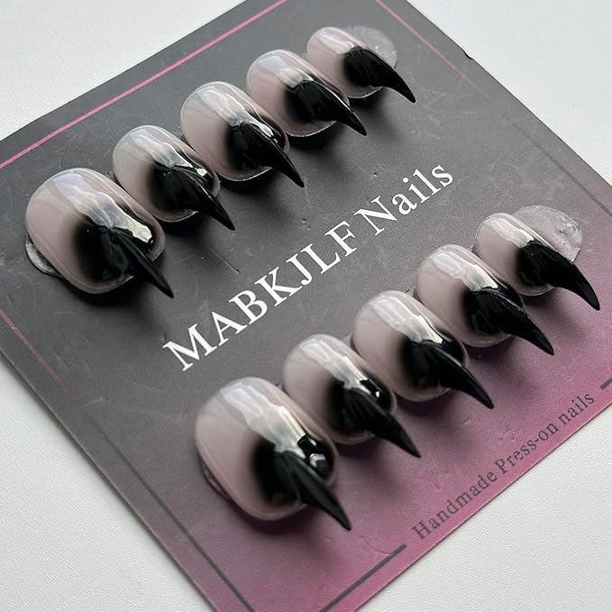 Halloween Press on Nails Luxury Short Stiletto Handmade Cat Claw Unique Reusable ABS Material Black Fake Nails Eagle Claw False Nails Gradient Glossy Glue on Nail Curved Thick Acrylic Nail(S)