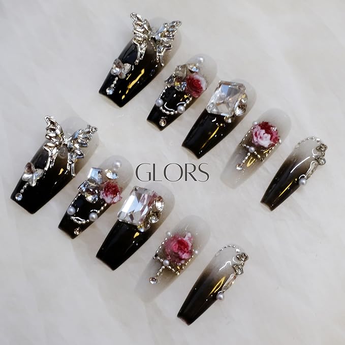 Handmade Press On Nails, Long Coffin Style, Black with 3D Butterfly and Rose Design, 10 Pieces (Medium,LB)