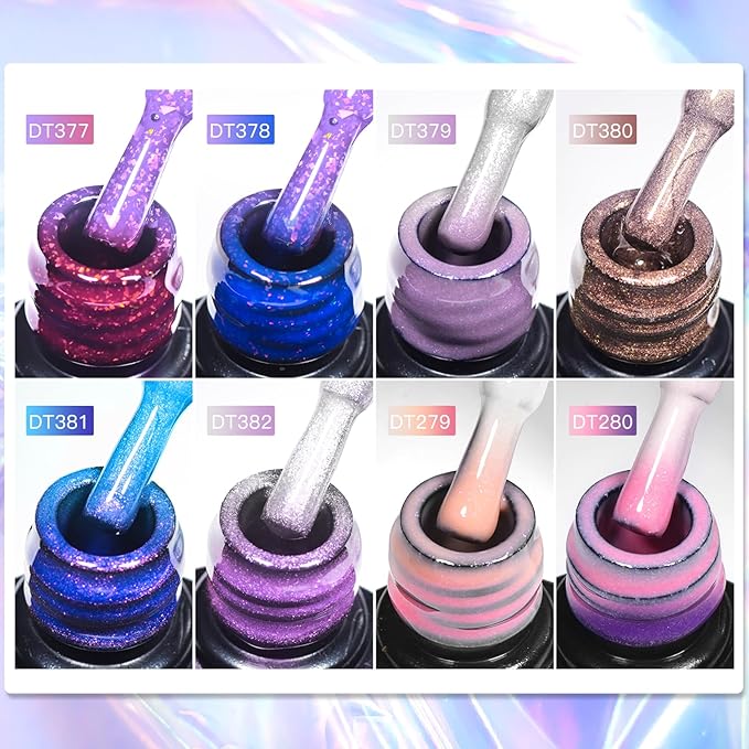 MEET ACROSS 12 Pcs Color Changing Gel Nail Polish Set, 8 Colors Red Pink Glitter Blue Purple Mood Temperature Change Nail Polish with Base Top Gel Nail Dehydrator and Primer