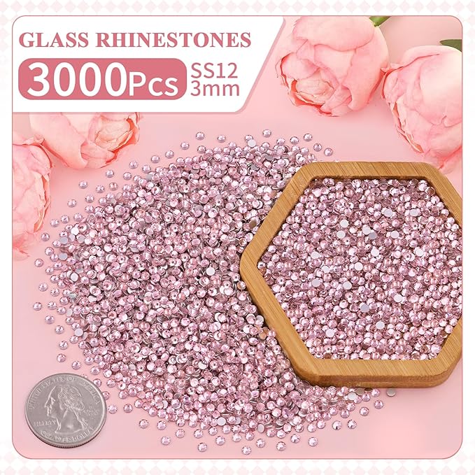 3000PCS SS12/3mm Crystal Rhinestones (Light Pink) with 2Pcs 10ml B7000 Jewelry Glue, Bedazzling Flatback Glass Rhinestones for Crafting, Gems Diomand Charms for Tumbler Shoes Clothing Mugs Nail Art