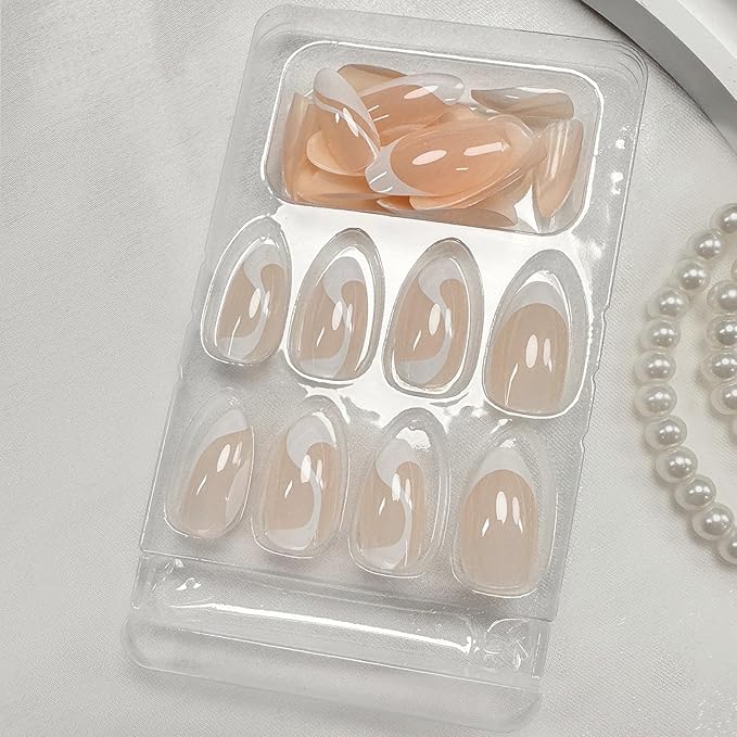 White French Tip Press on Nails Medium Almond Fake Nails Nude False Nails Press ons with Swirl Wave Line Designs Glossy Full Cover Glue on Nails Acrylic Stick on Nail for Women Manicure 24Pcs