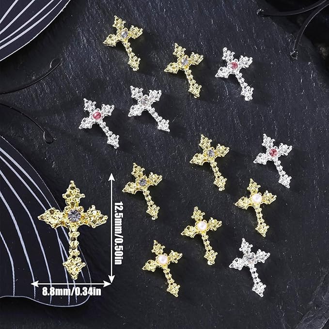 3D Cross Nail Charms, 40 Pcs Gold Silver Crystal Cross Decorations for Nail Art for DIY Design and Jewelry Making (Pearl+ Rhinestones)