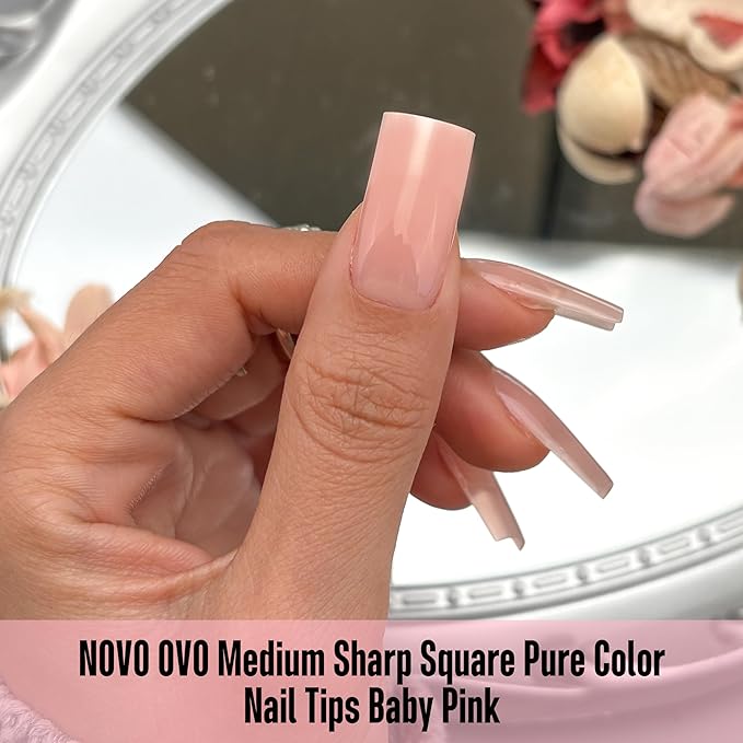 NOVO OVO Meidum Sharp Square Nail Tips Press on Pure Color BABY PINK, Extra Thick NEED Builder Gel Top Coat Glue Soft Gel Matte Fake Nail Extension, Full Cover False Nails for Salon DIY 15 Sizes 180pc