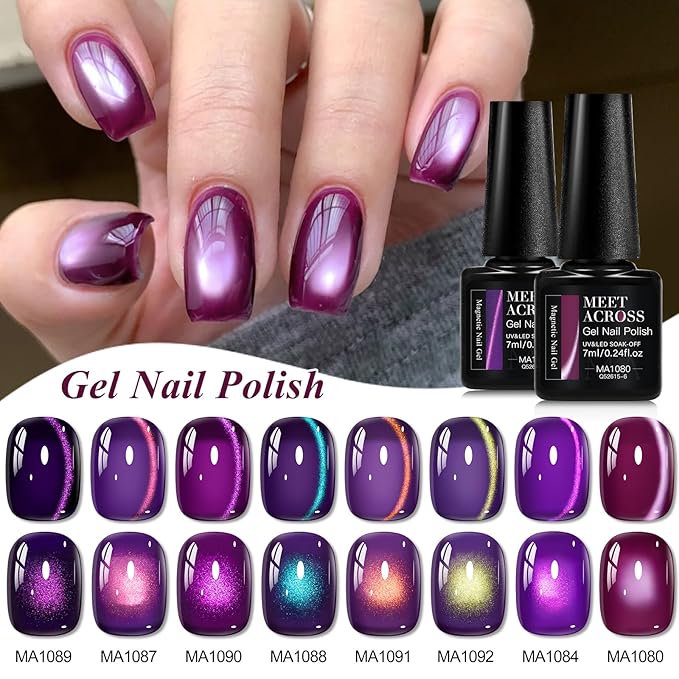 MEET ACROSS 9Pcs Cat Eye Gel Nail Polish Set Glitter Purple Magnetic Gel Polish Kit with Magnet, Sparkly Shiny Magnetic Cateye Nail Polish DIY Manicure Kit 8 Colors