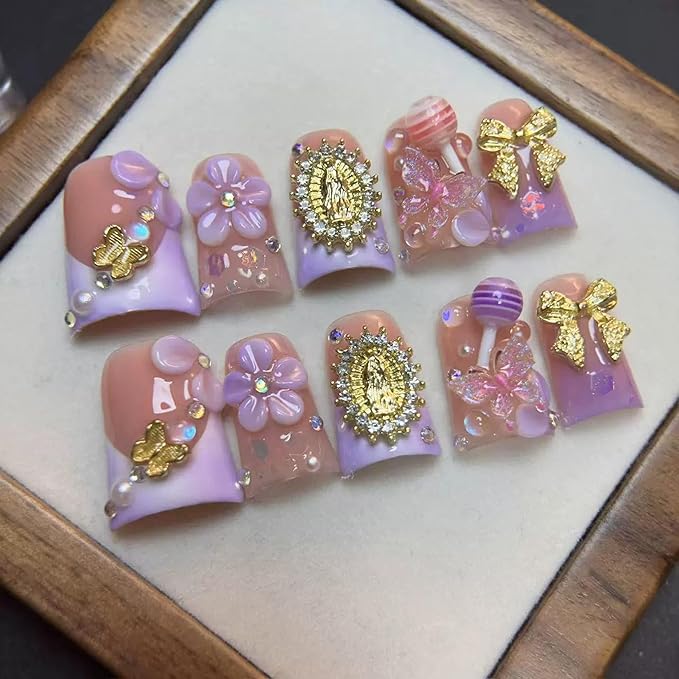 Duck Handmade Press on Nails Medium Square Fake Nails Purple French Tip False Nails with Glue 3D Flower and Charms Design Acrylic Nails Press Ons Sparkling Stick on Nail for Women 10Pcs(Size M)