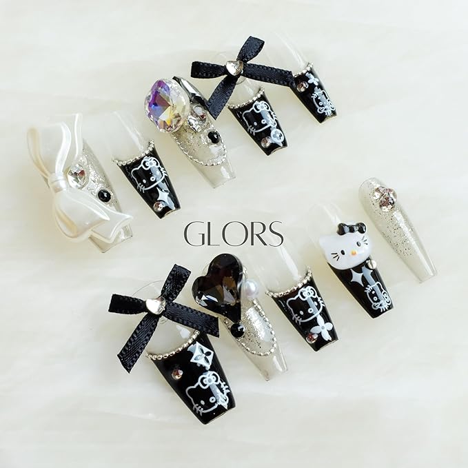 [GLORS] Purly Handmade Long Ballerina Press on Nails | Black False Nail with Cute Kitty | Salon Quality in Long Coffin Nail (XS, LC)
