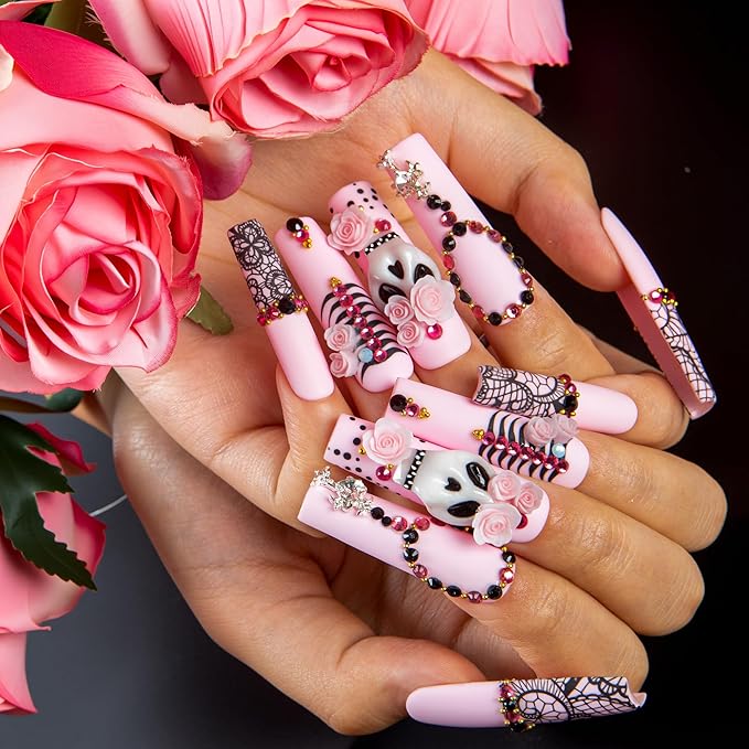 Lovful Halloween Press On Nails with Skeleton | Mid Length Handmade Acrylic Press ons | Reusable Stick on Nails | Square Mid length 1.7in | H660-M