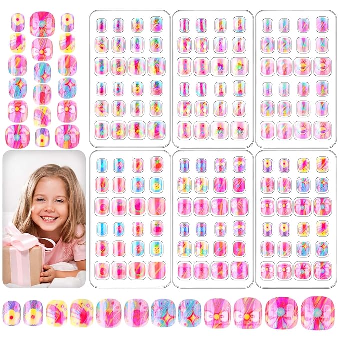 144 Pcs Small Holographic Press on Nails for Kids, Girls Fake Nails Mini False Nail Tips Pre Glue Full Cover Acrylic Nails for Girls Nail Art Decoration