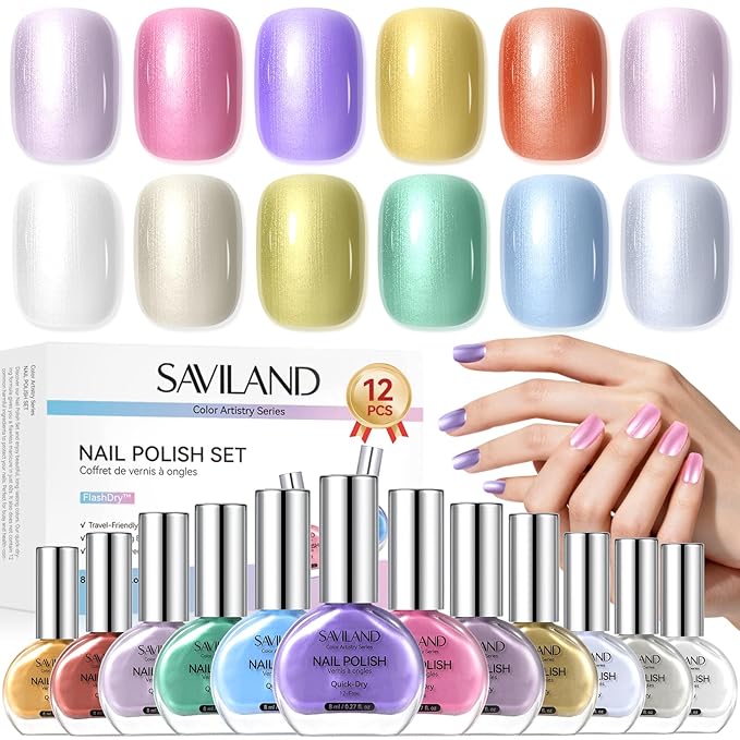 SAVILAND Quick Dry Nail Polish Set: 12 PCS Fingernail Polish 12-Free Metallic Nail Polish Colors Long Wear Nail Lacquer DIY Nail Art for Students Ladies Office Home Gift 8 ml