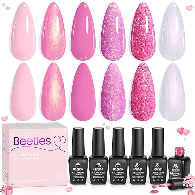 Beetles Pink Gel Nail Polish Set - 6 Colors Shimmer Nail Polish Nail Kit Hot Pink Pearl White Glitter Color Gel Pink Reverie Collection Soak Off Uv LED Nail Lamp Spring Gift for Women & Girls