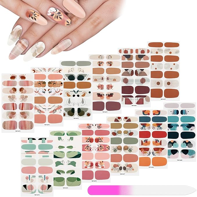 168 Pcs 12 Sheets Full Wraps Nail Polish Stickers Flower Print Self-Adhesive Nail Decal Strips with File Manicure Kits Colorful Flower Full Cover Decal Strips for Women DIY Decoration(Simple Style)