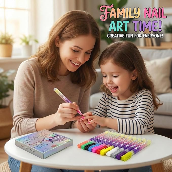 12 Colors Art Markers Set with Nail Stickers, 0.5mm Nail Polish Pens, Professional Waterproof, Quick-Drying 3D Drawing Dotting Liner Brush, Essential Manicure Tools Kit for Nail Art Beginners