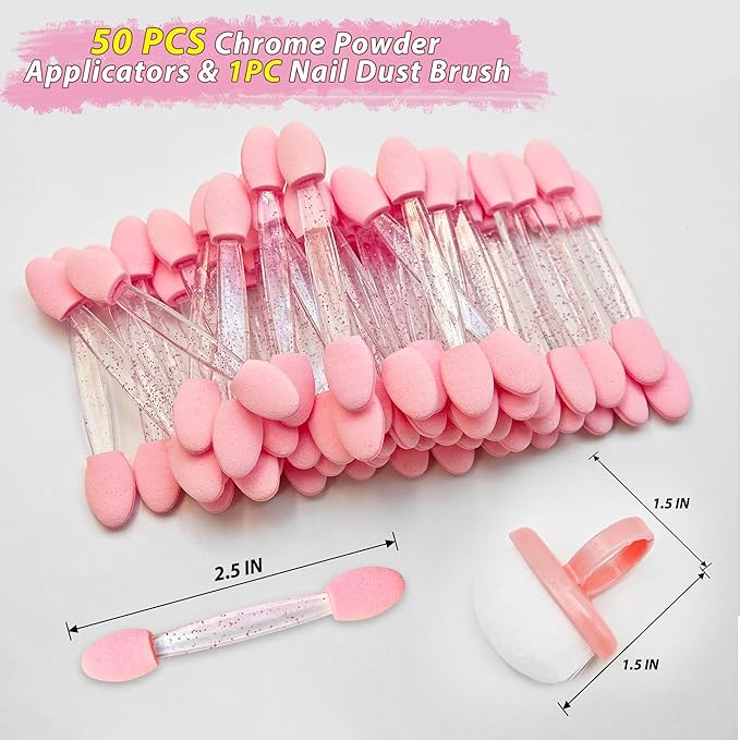 50PCS Chrome Nail Powder Applicator Set with Nail Dust Brush, Dual-Ended Eyeshadow Sponge Applicators for Chrome Powder, Metallic Mirror Effect, Nail Duster Brush for Manicure & Makeup