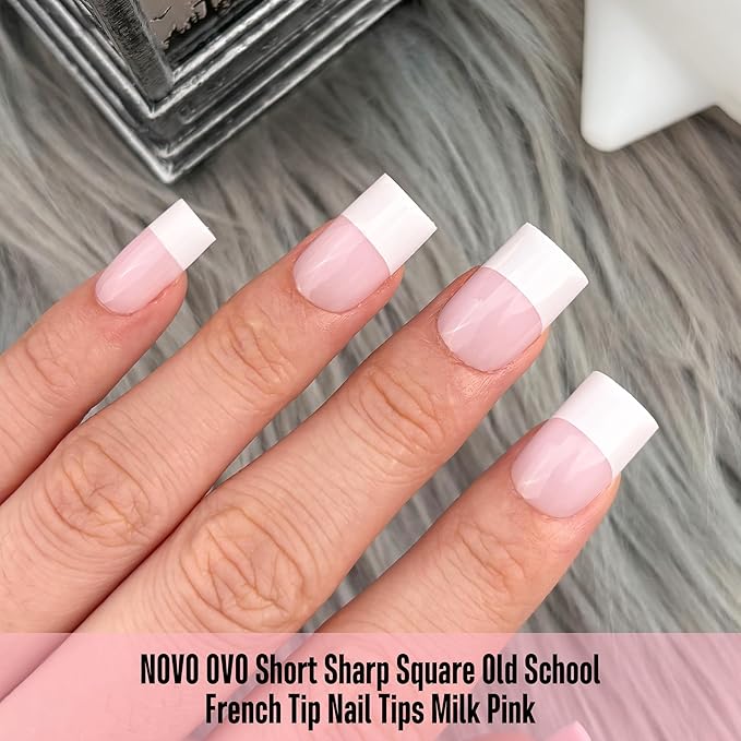 NOVO OVO Old School Wide White French Short Sharp Square Tip Nail Tips Press on MILKY PINK, Need Builder Gel Top Coat Nail Glue, Soft Gel Full Cover Fake Nail Extension, for DIY x 15 Sizes 240 pcs