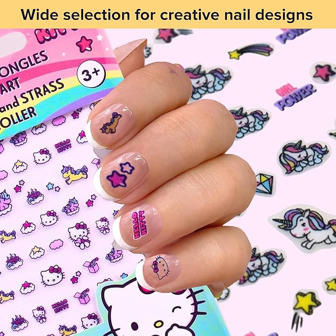 Hello Kitty Nail Stickers – 1 Sheet with 72 Stickers + 24 Rhinestones – Self-Adhesive Nail Art for Girls – Fun Activity & Gift Idea for Birthdays, Crafts, Party Bags and Playdates