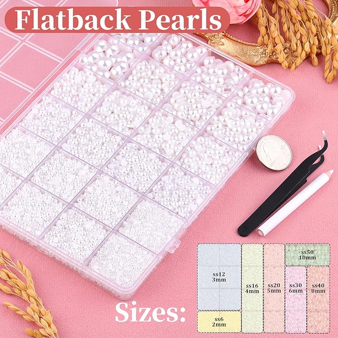 16500Pcs Flatback Pearls for Crafting (White), Assorted Size 2/3/4/5/6/8/10mm Half Pearl with 3Pcs 10ml B7000 Jewelry Glue, Bedazzling Kit for DIY Crafts Clothing Tumbler Shoes Embellishment Nail Art