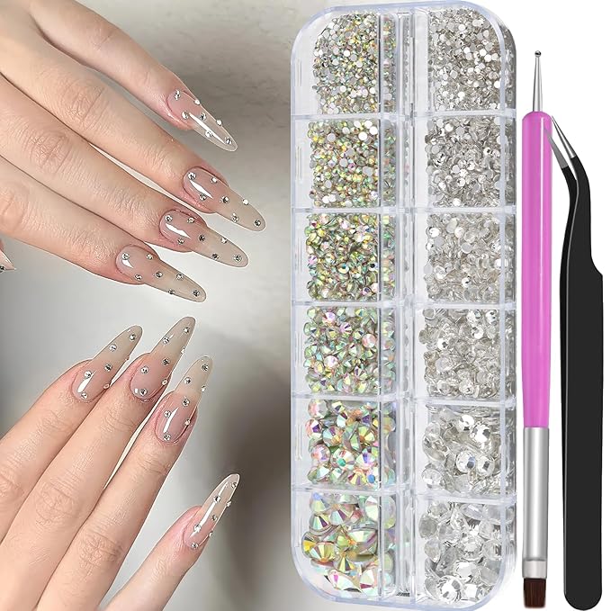 2500Pcs Clear AB Rhinestones for Bedazzling Kit, 1.5/2/2.5/3/4.5/6mm Mix Sizes Bedazzling Resin Gems Flatback Crystal Rhinestones with Pickup Tools for Manicure Crafts DIY (5-K1-glass-rhinestones)