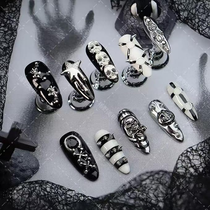 100% Handmade Press on Nails Medium Almond Fake Nails Halloween Press on Nails Black Gothic False Nail with Skeleton Pumpkin Silver Charms Design Reusable Handmade Nails for Women Manicure Size L