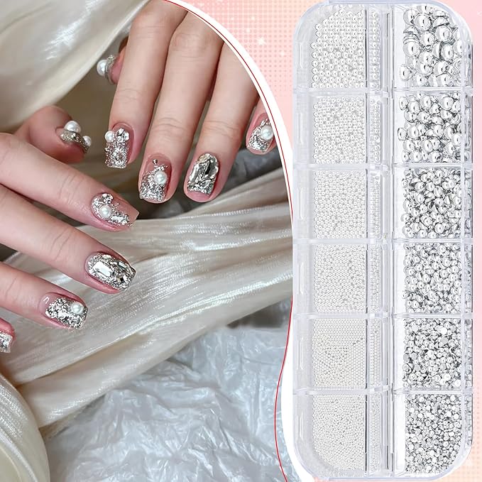Silver Caviar Nail Beads and Nail Pearls, Mixed Size Half Round Flatback Pearl Silver Balls Nail Charms for Nails with Pickup Tools for Nails Face Eyes Makeup(33-K1-6)