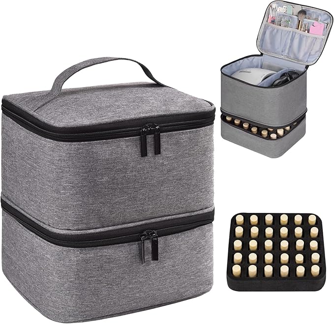 Nail Polish Organizer Holds 30 Bottles (15ml) and 1 Nail Light Nail Polish Carrying Case with Storage Pockets for Manicure Tools Double Layer Nail Polish Storage Travel Bag with Handle (A-Gray)