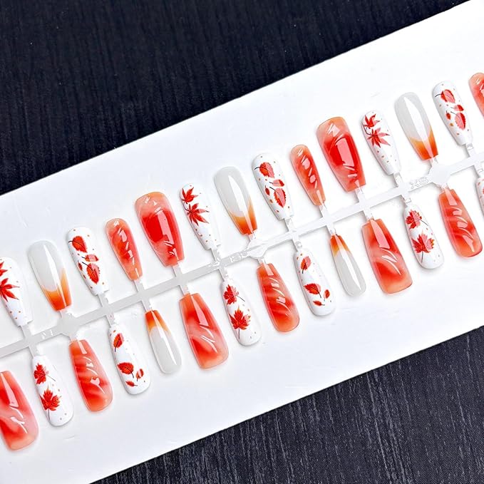30Pcs Fall Press on Nails Medium Coffin Fake Nails Maple Leaf False Nails with 3D Ripple Designs Orange French Tip Maple Leaves Stick on Fingernails Autumn Thanksgiving Acrylic Nails for Women