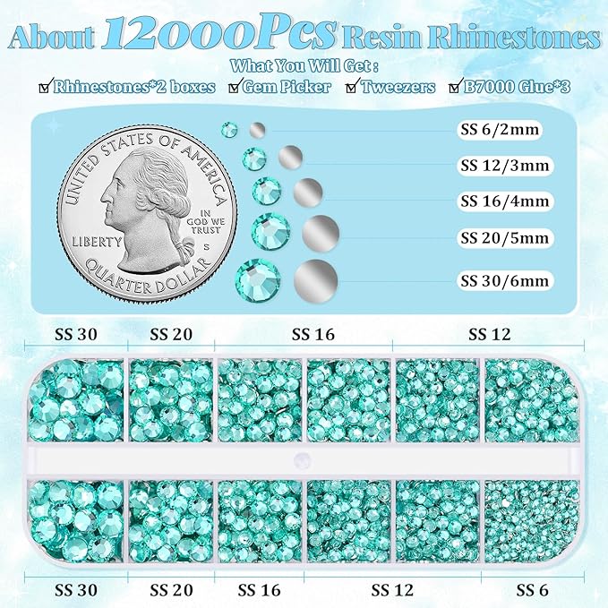 12000Pcs Resin Rhinestones for Bedazzling with 3Pcs B7000 Jewelry Glue, 2 Boxes Aquamarine Flatback Rhinestones for Crafting Crafts DIY, Crystals Gems for Clothing Shoes Tumblers Nail Art Makeup