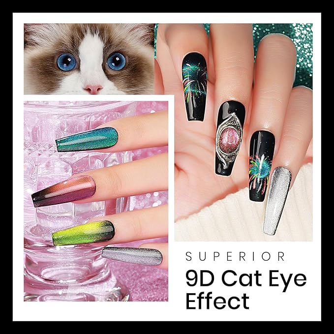 MIZHSE Cat Eye Gel Nail Polish Set 8 Colors with Magnet Stick: 9D Cat Eye Gel Polish and Shiny Wide Cat Eye Gel Set, Classic Holographic Glitter Galaxy Colors Gel Nail Kit for Nail Salon Home DIY