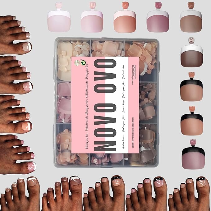 NOVO OVO Toe Nail French Tip Press on Combo, Mixed 9 Color Soft Gel Acrylic Fake toenail Extension kit, Medium Pre-applied Tip Primer & Base Coat, Full Cover Matte False Nils DIY x 15 Sizes 270 Pcs