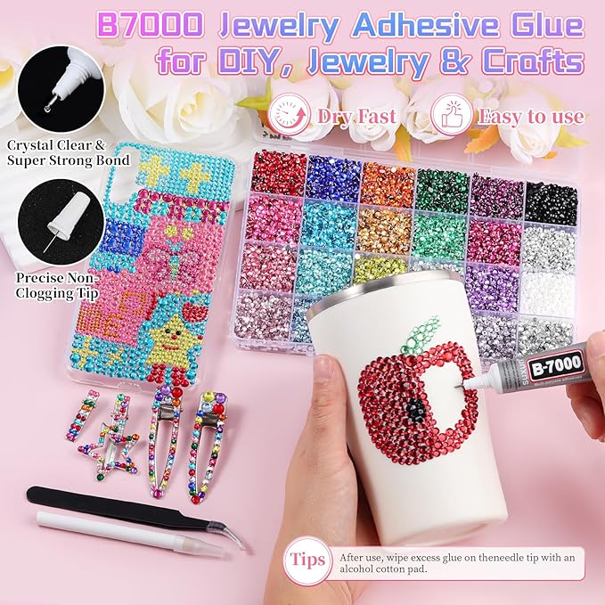 24000Pcs 3mm Resin Rhinestones for Bedazzling, Pink Red Black Flatback Gems for Crafting, Bedazzler Kit with Rhinestones Tools & B7000 Jewelry Glue for DIY Clothing Shoes Tumblers Fabric Nail Art
