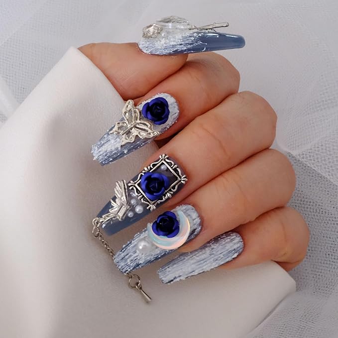 Handmade Press On Nails, 3D Blue Rose Design with Moon Charms, Long Coffin Style, 10 Pieces (Large,LB)