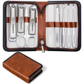 FAMILIFE Manicure Kit for Women, 9 Pcs Compact Carbon Steel Nail Grooming Kit with Case, Classic Brown Travel Manicure Set for Home, On-the-Go Care, Daily Use Manicure Set (Brown)